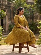 Plus Size Mustard Anarkali Cotton Printed Flared Kurta Pant Set with Dupatta-210021