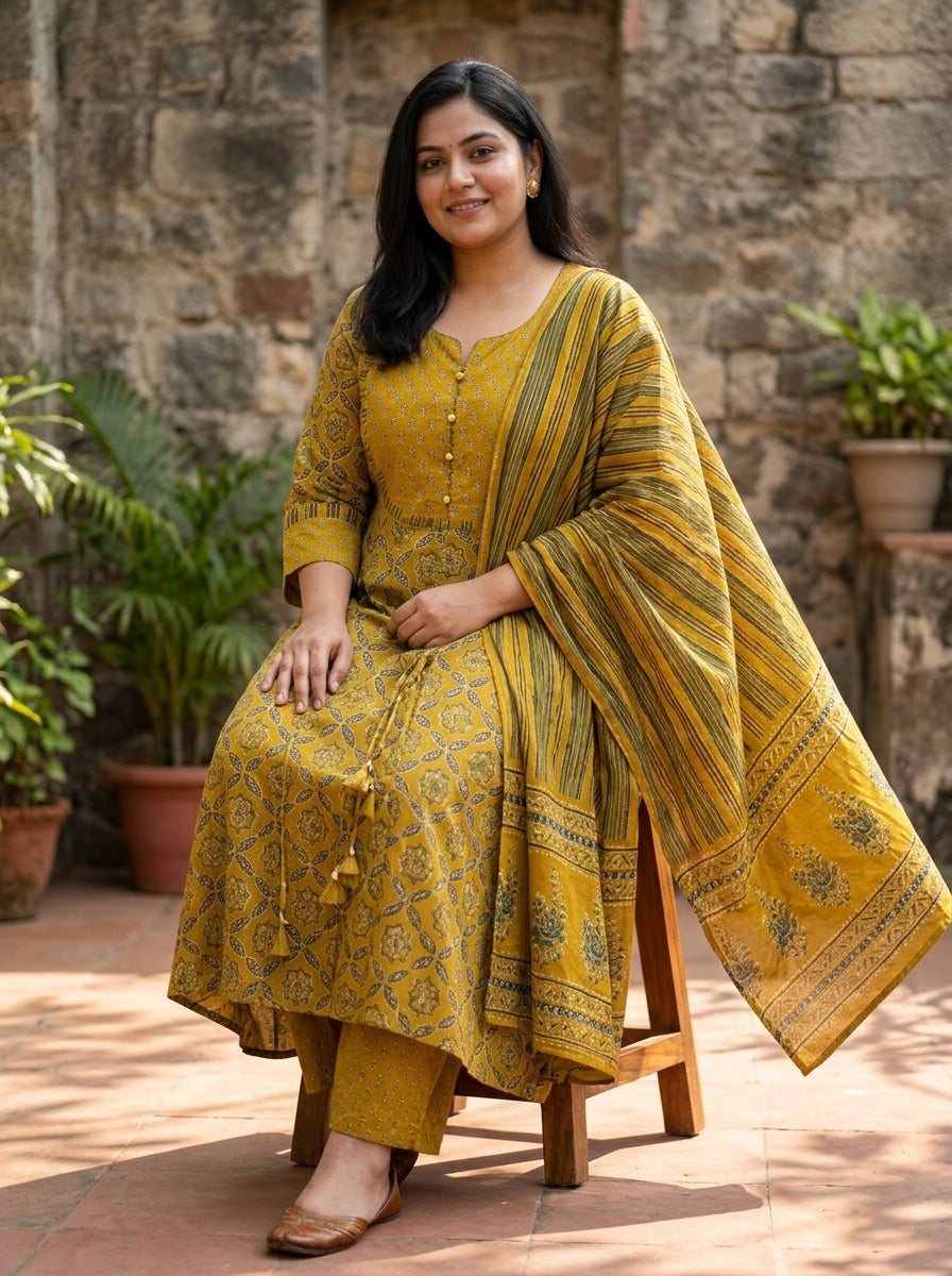 Plus Size Mustard Anarkali Cotton Printed Flared Kurta Pant Set with Dupatta-210021