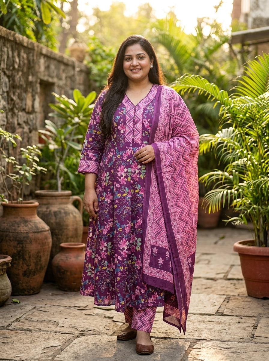 Purple Anarkali Cotton Printed Flared Kurta Pant Set with Dupatta Plus Size-210022