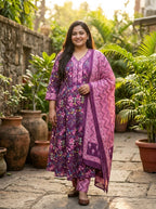 Purple Anarkali Cotton Printed Flared Kurta Pant Set with Dupatta Plus Size-210022