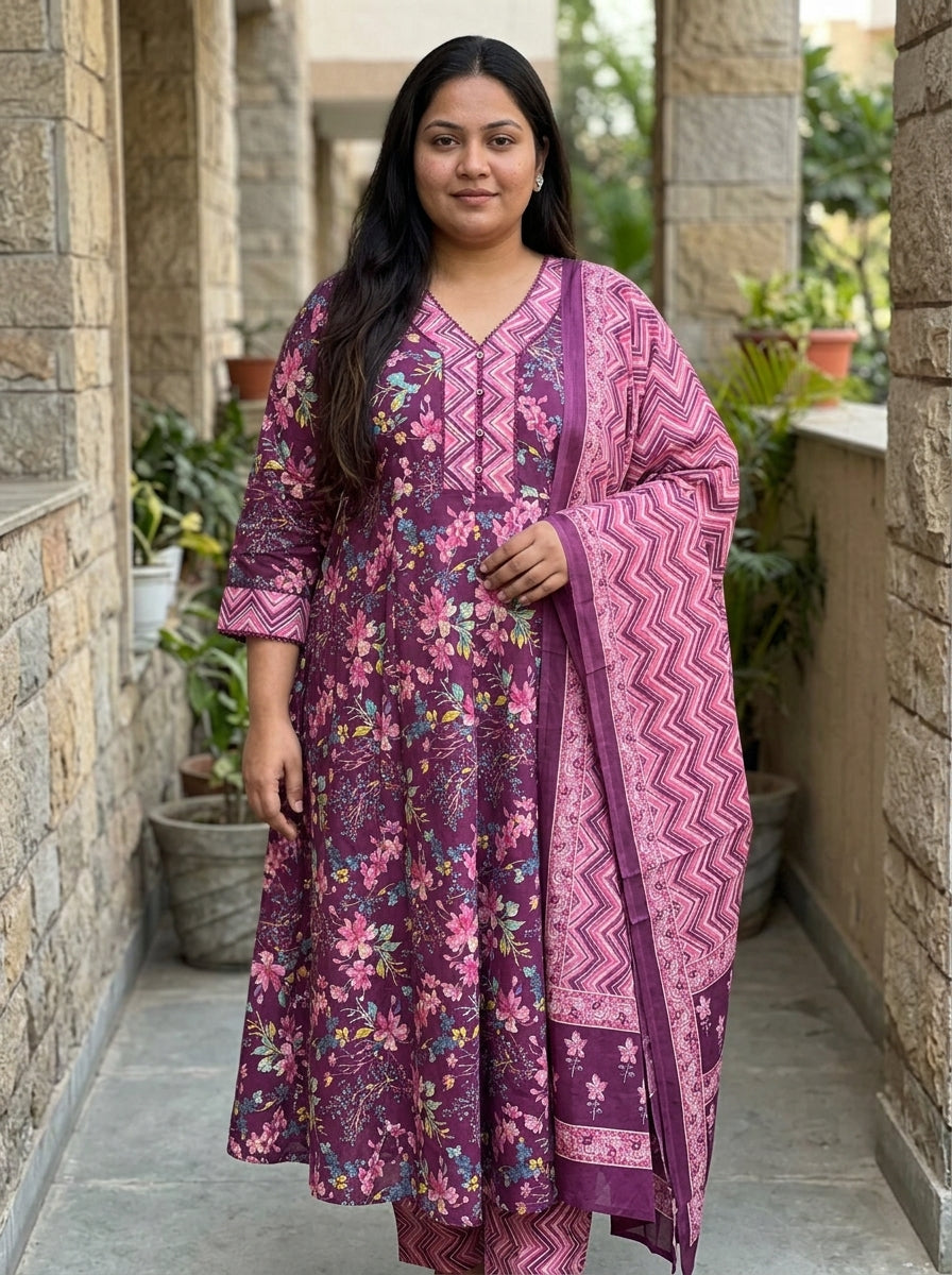 Purple Anarkali Cotton Printed Flared Kurta Pant Set with Dupatta Plus Size-210022