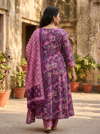 Purple Anarkali Cotton Printed Flared Kurta Pant Set with Dupatta Plus Size-210022