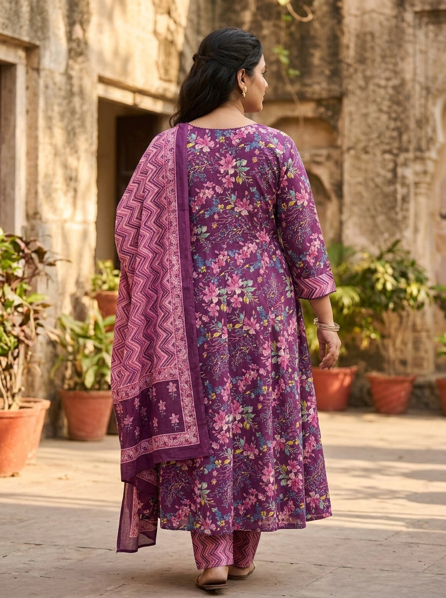 Purple Anarkali Cotton Printed Flared Kurta Pant Set with Dupatta Plus Size-210022