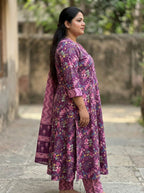 Purple Anarkali Cotton Printed Flared Kurta Pant Set with Dupatta Plus Size-210022