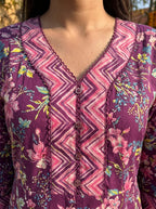 Purple Anarkali Cotton Printed Flared Kurta Pant Set with Dupatta Plus Size-210022