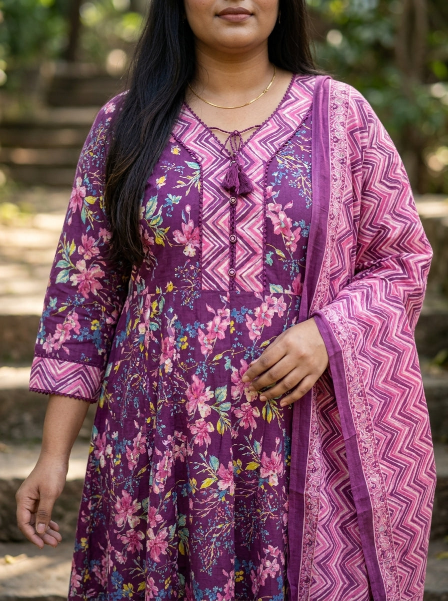 Purple Anarkali Cotton Printed Flared Kurta Pant Set with Dupatta Plus Size-210022