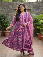 Purple Anarkali Cotton Printed Flared Kurta Pant Set with Dupatta Plus Size-210022