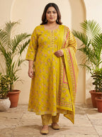 Plus Size Yellow Anarkali Cotton Printed Flared Kurta Pant Set with Dupatta-210023