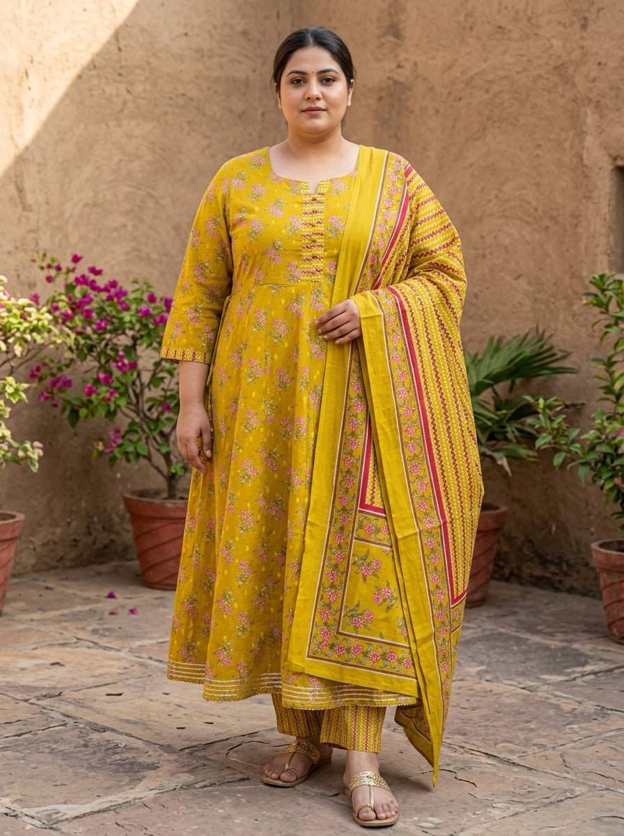 Plus Size Yellow Cotton Printed Flared Anarkali Pant Set with Dupatta-210023 Secondary image