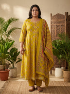 Plus Size Yellow Anarkali Cotton Printed Flared Kurta Pant Set with Dupatta-210023