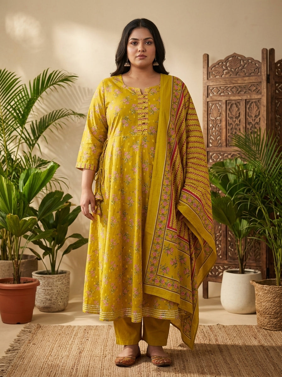 Plus Size Yellow Anarkali Cotton Printed Flared Kurta Pant Set with Dupatta-210023