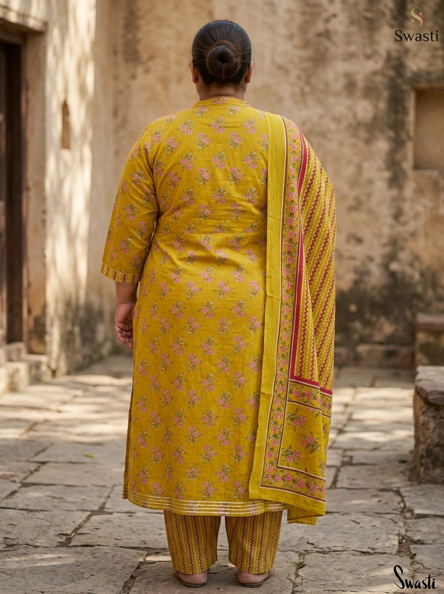 Plus Size Yellow Anarkali Cotton Printed Flared Kurta Pant Set with Dupatta-210023