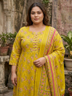 Plus Size Yellow Anarkali Cotton Printed Flared Kurta Pant Set with Dupatta-210023