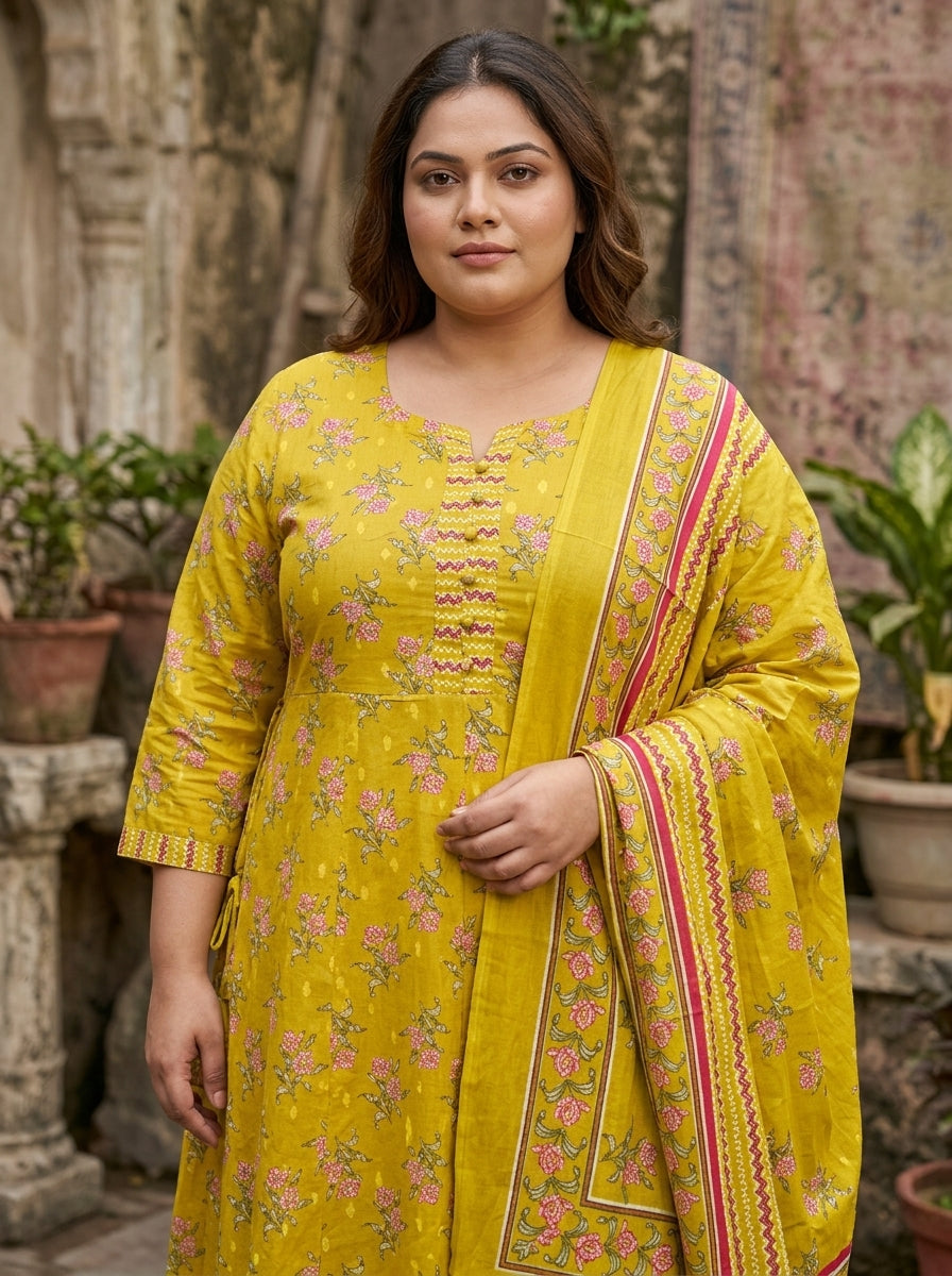 Plus Size Yellow Anarkali Cotton Printed Flared Kurta Pant Set with Dupatta-210023