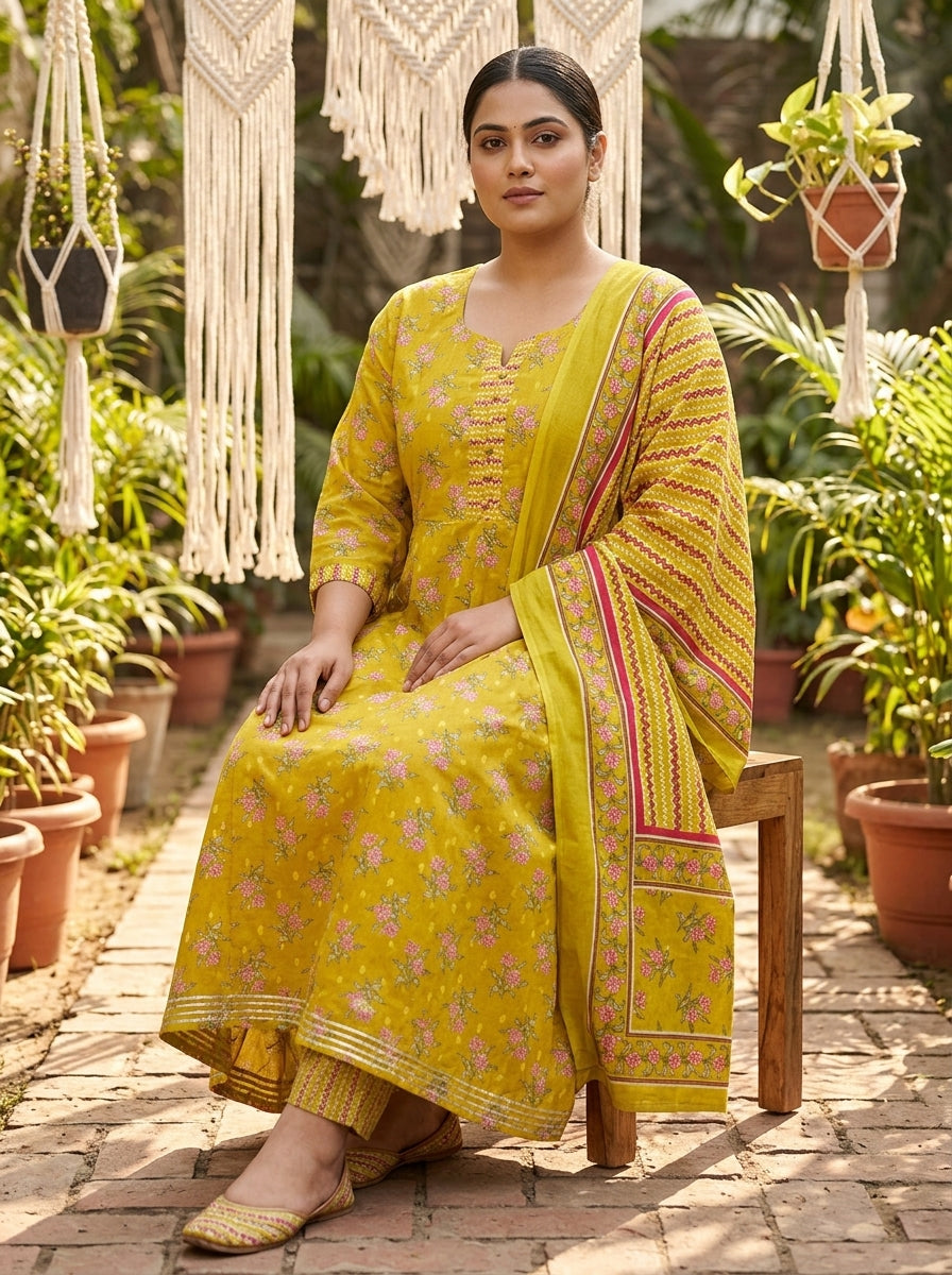 Plus Size Yellow Anarkali Cotton Printed Flared Kurta Pant Set with Dupatta-210023