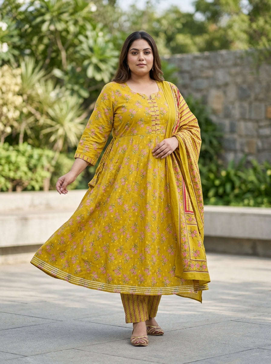Plus Size Yellow Cotton Printed Flared Anarkali Pant Set with Dupatta-210023 Main image
