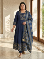 Plus Size Navy Blue Printed Anarkali Kurta Set with Dupatta-210024