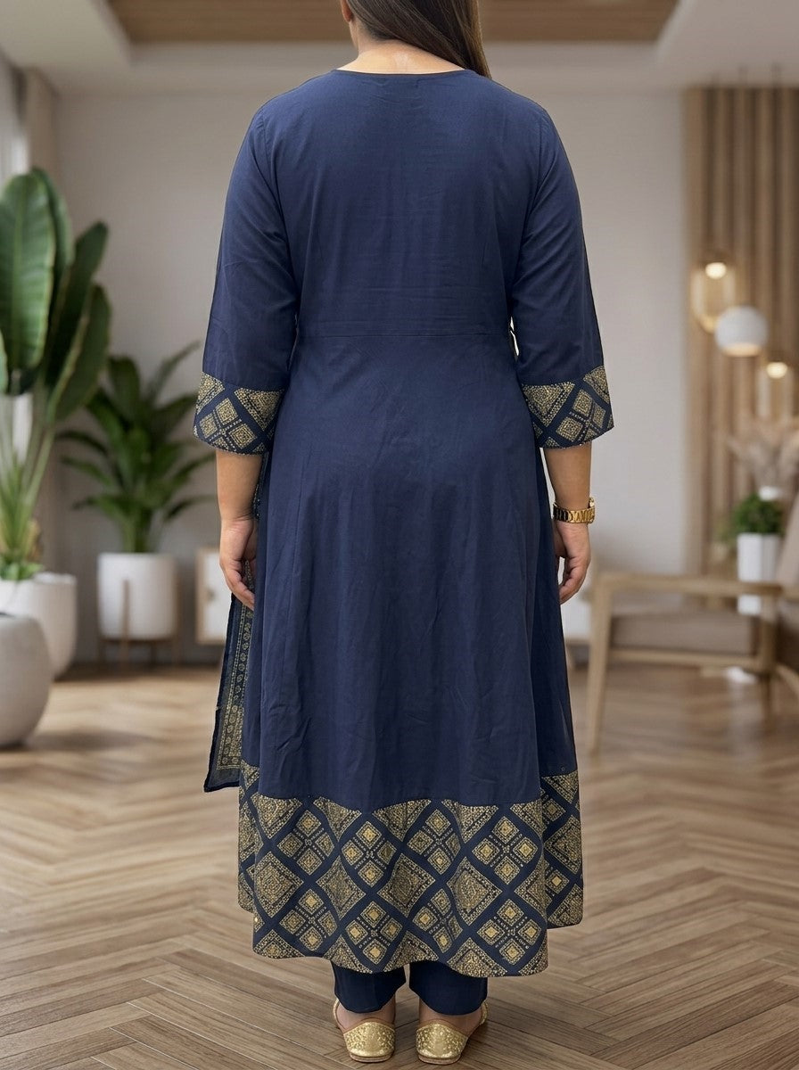 Plus Size Navy Blue Printed Anarkali Kurta Set with Dupatta-210024