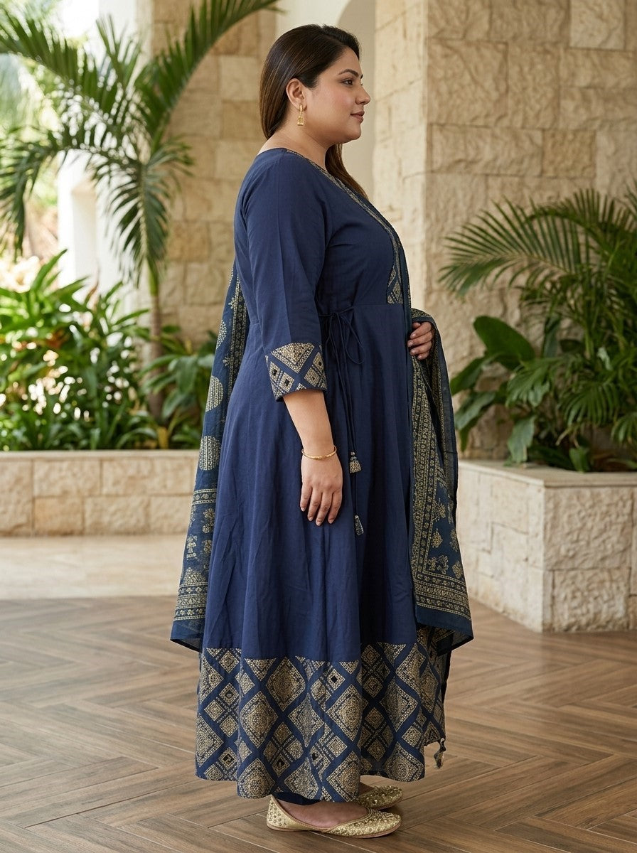 Plus Size Navy Blue Printed Anarkali Kurta Set with Dupatta-210024