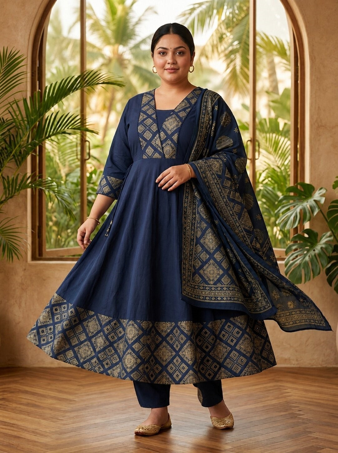 Plus Size Navy Blue Printed Anarkali Kurta Set with Dupatta-210024