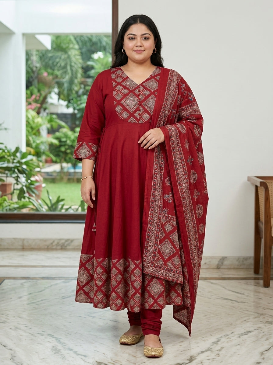 Plus Size Maroon Printed Anarkali Kurta Set with Dupatta-210025