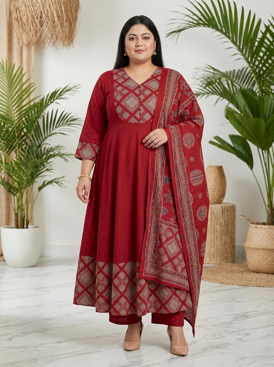 Plus Size Maroon Printed Anarkali Kurta Set with Dupatta-210025