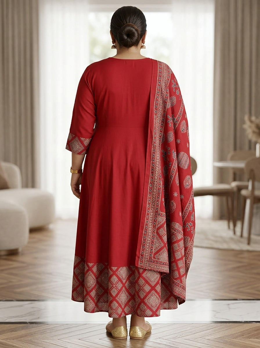 Plus Size Maroon Printed Anarkali Kurta Set with Dupatta-210025