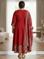 Plus Size Maroon Printed Anarkali Kurta Set with Dupatta-210025