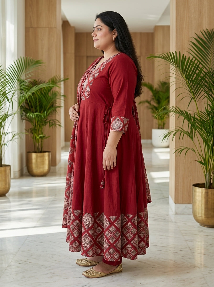 Plus Size Maroon Printed Anarkali Kurta Set with Dupatta-210025