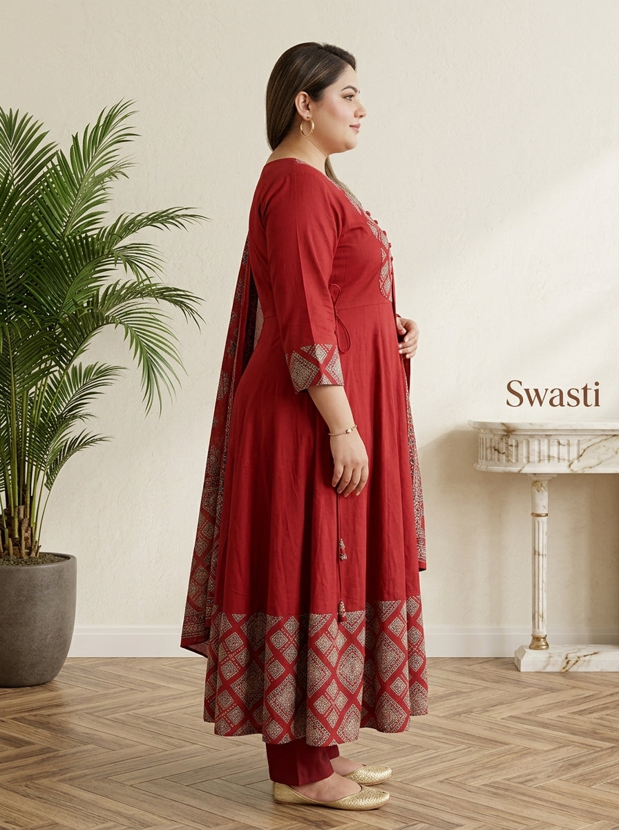 Plus Size Maroon Printed Anarkali Kurta Set with Dupatta-210025