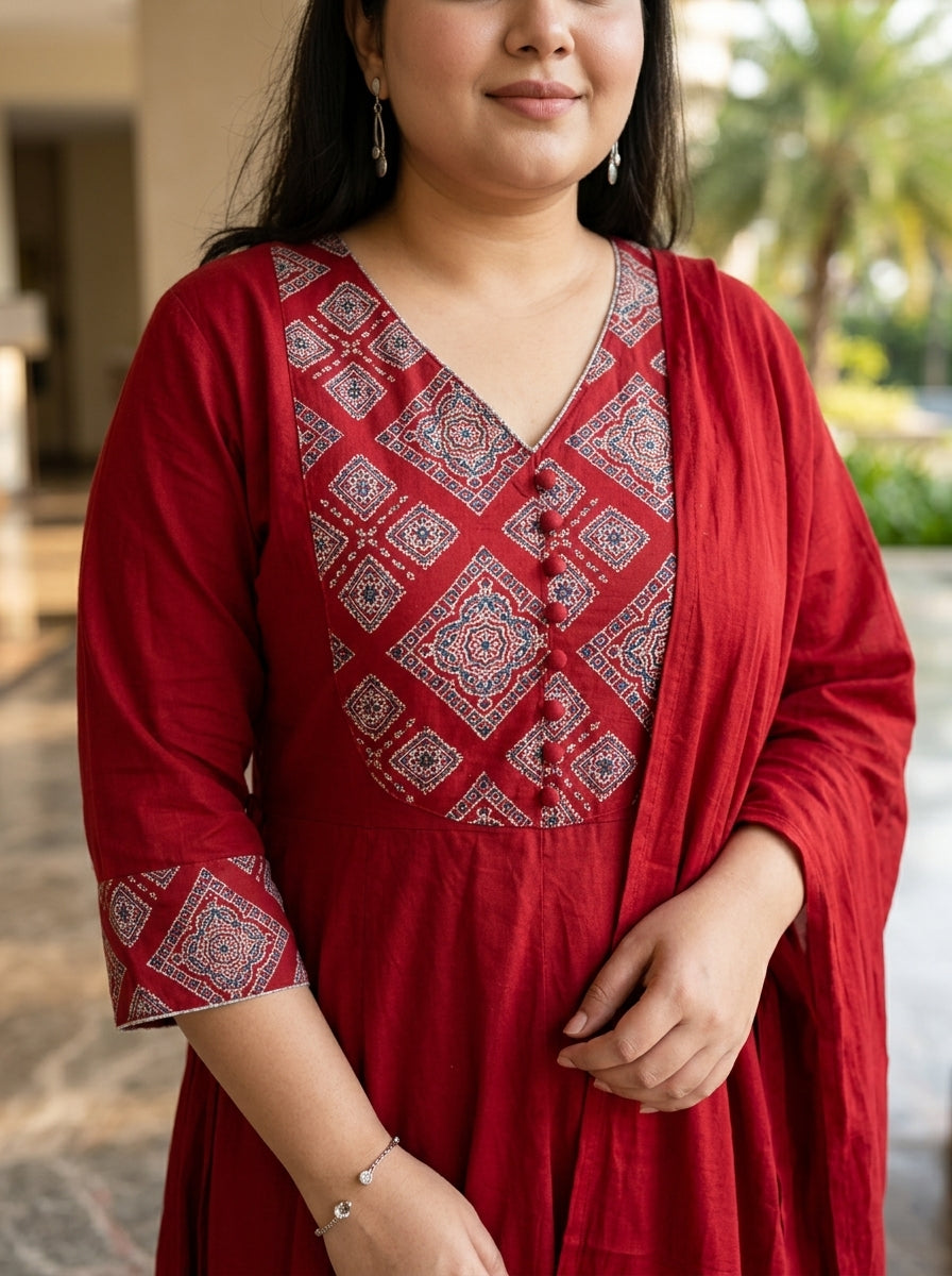 Plus Size Maroon Printed Anarkali Kurta Set with Dupatta-210025