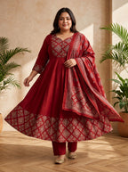Plus Size Maroon Printed Anarkali Kurta Set with Dupatta-210025