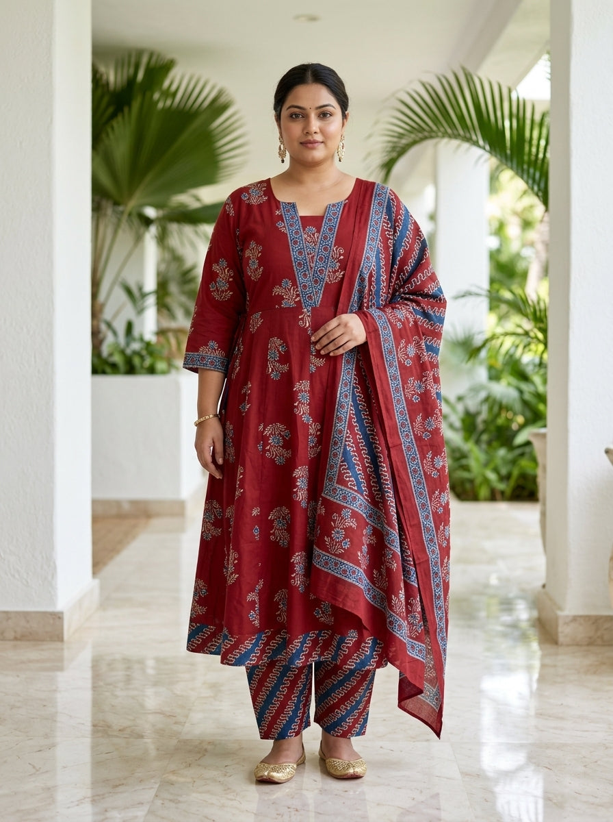 Maroon Anarkali Cotton Printed Flared Kurta Pant Set with Dupatta Plus Size-210026