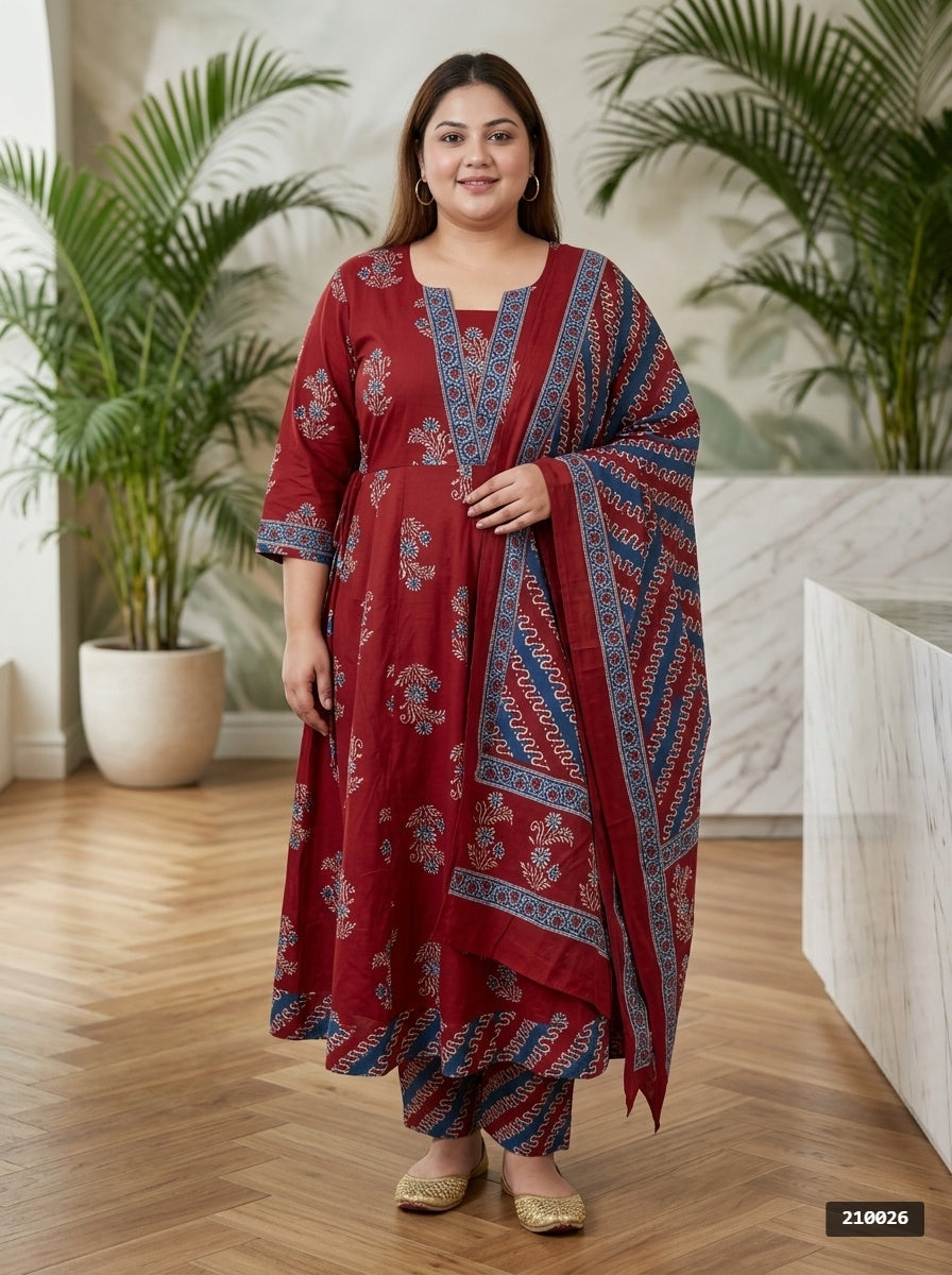 Maroon Anarkali Cotton Printed Flared Kurta Pant Set with Dupatta Plus Size-210026