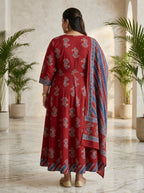 Maroon Anarkali Cotton Printed Flared Kurta Pant Set with Dupatta Plus Size-210026