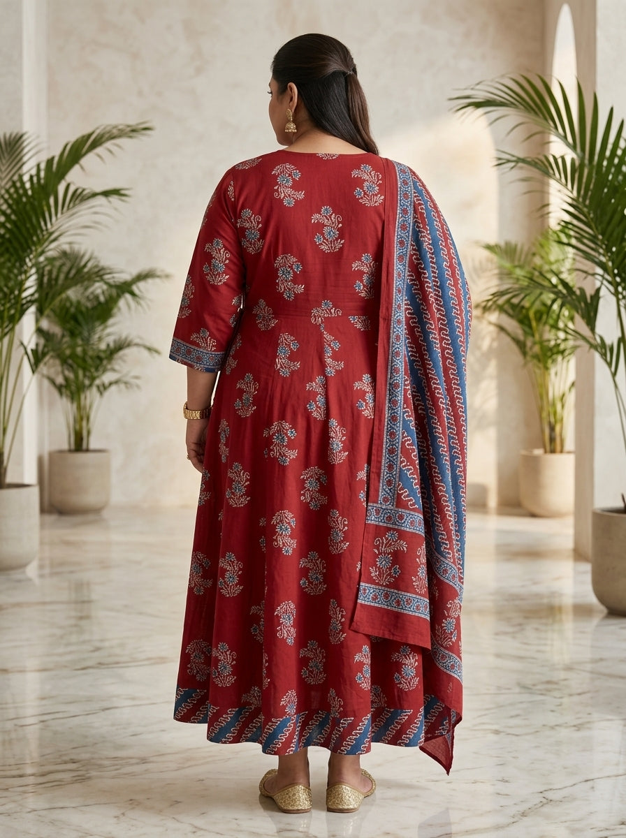 Maroon Anarkali Cotton Printed Flared Kurta Pant Set with Dupatta Plus Size-210026