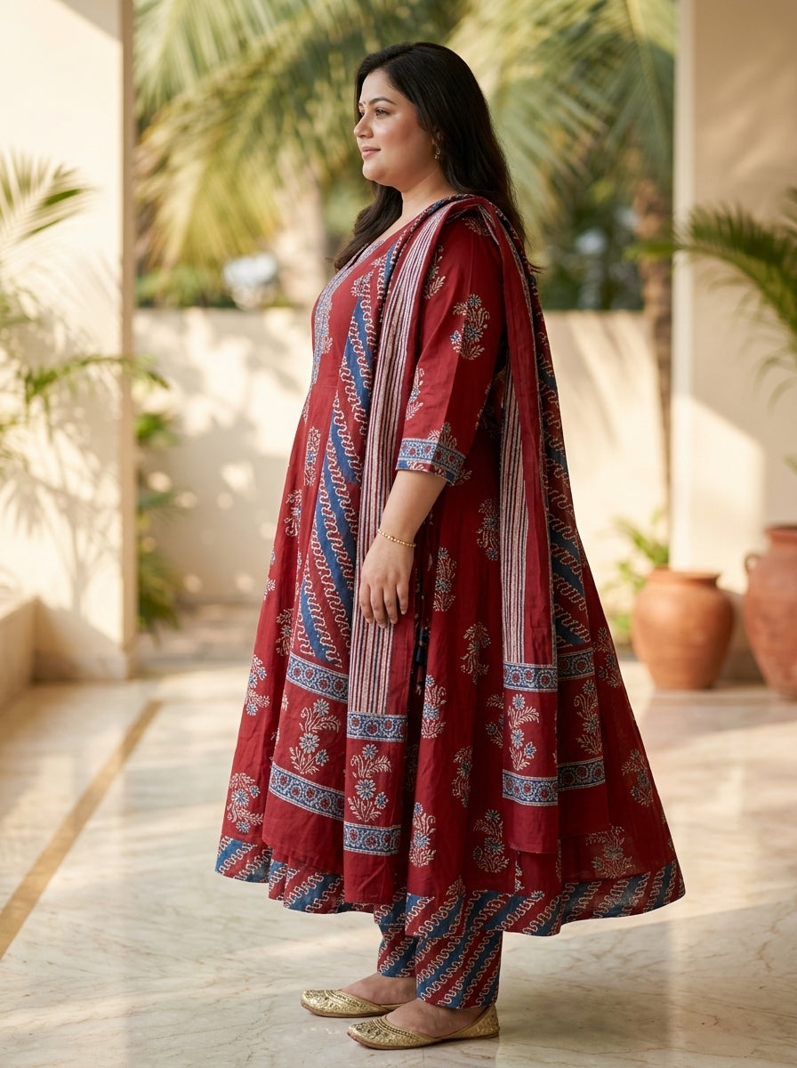 Maroon Anarkali Cotton Printed Flared Kurta Pant Set with Dupatta Plus Size-210026
