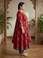 Maroon Anarkali Cotton Printed Flared Kurta Pant Set with Dupatta Plus Size-210026
