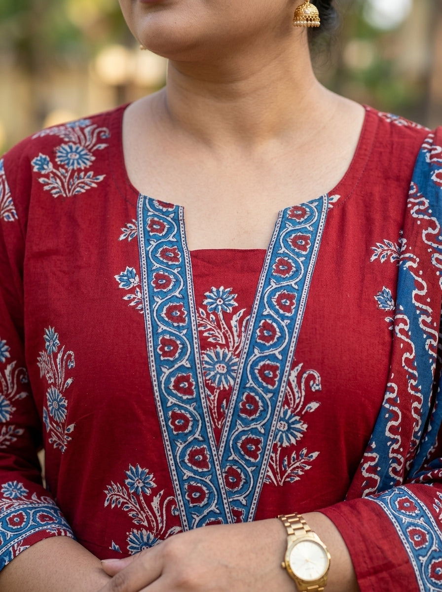 Maroon Anarkali Cotton Printed Flared Kurta Pant Set with Dupatta Plus Size-210026