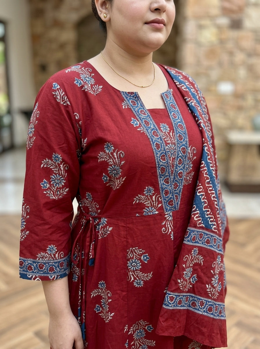 Maroon Anarkali Cotton Printed Flared Kurta Pant Set with Dupatta Plus Size-210026
