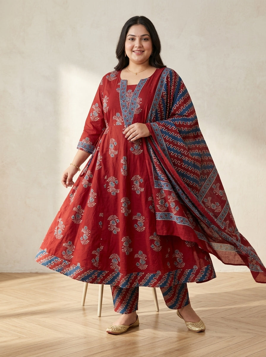 Maroon Anarkali Cotton Printed Flared Kurta Pant Set with Dupatta Plus Size-210026