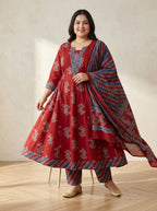 Maroon Anarkali Cotton Printed Flared Kurta Pant Set with Dupatta Plus Size-210026
