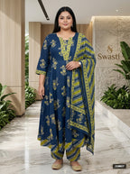 Plus Size Blue Anarkali Cotton Printed Flared Kurta Pant Set with Dupatta-210027