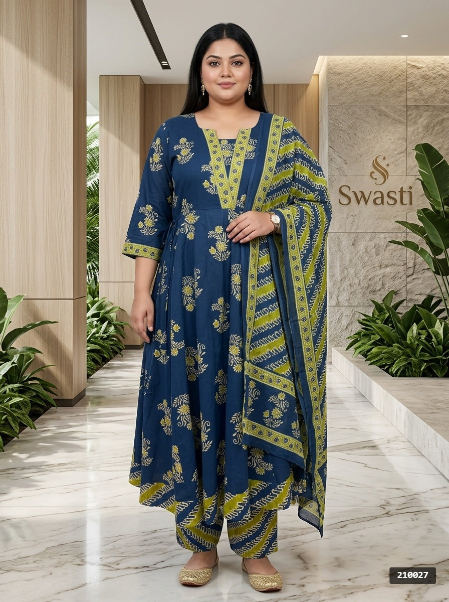 Plus Size Blue Anarkali Cotton Printed Flared Kurta Pant Set with Dupatta-210027