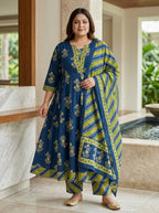 Plus Size Blue Anarkali Cotton Printed Flared Kurta Pant Set with Dupatta-210027
