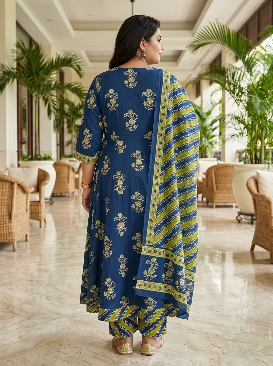 Plus Size Blue Anarkali Cotton Printed Flared Kurta Pant Set with Dupatta-210027