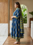 Plus Size Blue Anarkali Cotton Printed Flared Kurta Pant Set with Dupatta-210027