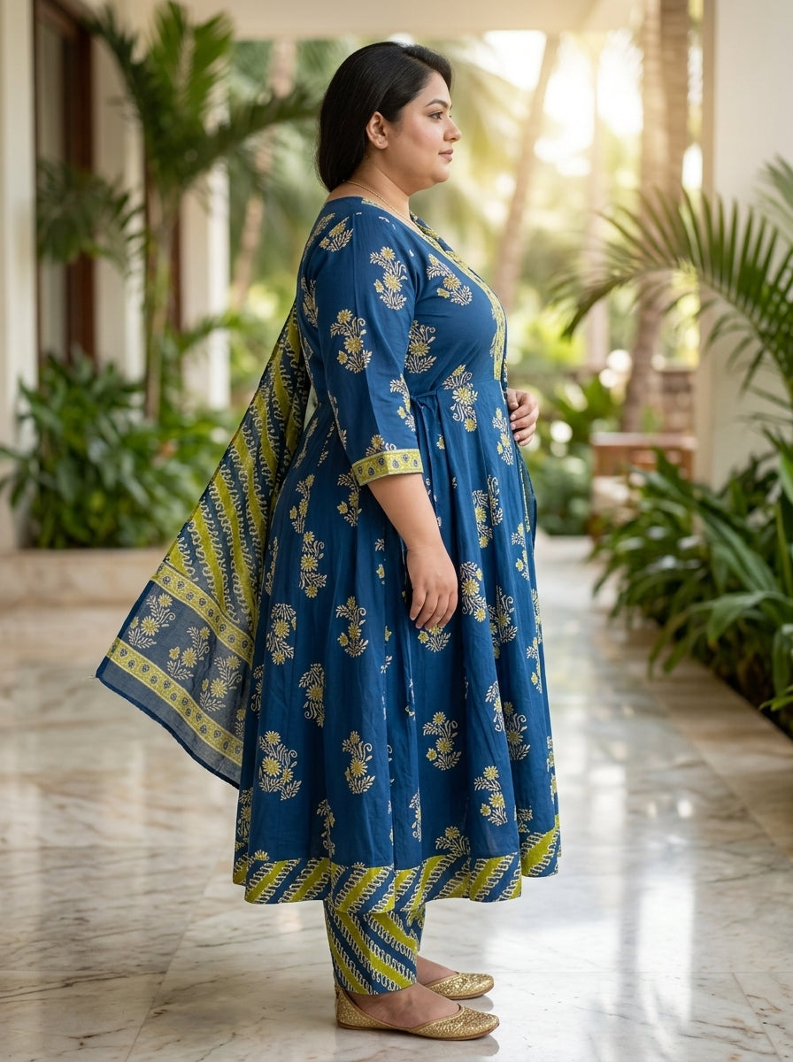 Plus Size Blue Anarkali Cotton Printed Flared Kurta Pant Set with Dupatta-210027