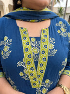 Plus Size Blue Anarkali Cotton Printed Flared Kurta Pant Set with Dupatta-210027