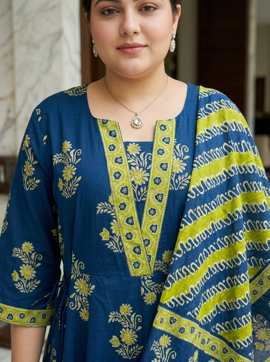 Plus Size Blue Anarkali Cotton Printed Flared Kurta Pant Set with Dupatta-210027